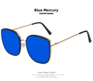 Side view of white square frame sunglasses with blue mirror lenses and gold metal temples