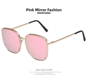 Side view of white cat-eye sunglasses with pink mirrored lenses and gold metal frames