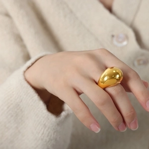 Dome Ring Titanium Steel Gold Plated Chunky Irregular Teardrop Sculptural Minimalist High Polish Fashion Jewelry Women