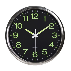 Luminous 12-inch wall clock with silver frame and glow-in-the-dark quartz dial