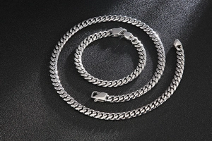 Detailed view of silver stainless steel Cuban chain necklace and bracelet set