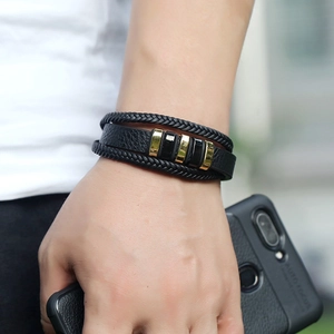 Men's retro braided leather bracelet with multi-layer black cord and gold metal rings