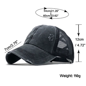 Detailed size specifications for washed camouflage ponytail cap with mesh and measurements