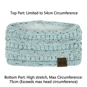 Fleece-lined knit headband for women in light blue with MOK leather label detail