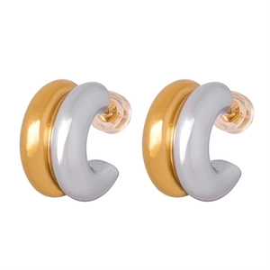 French minimalist gold and silver mixed color double-layer C-shaped titanium steel hoop earrings