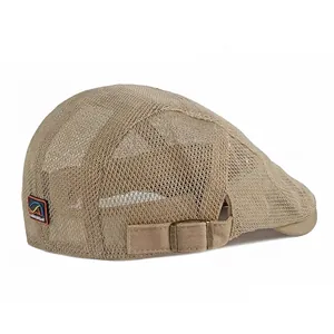 Breathable khaki mesh flat cap for kids with adjustable buckle and sun protection