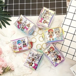 Detailed view of holographic PVC coin purses with metal keychains and doll patterns