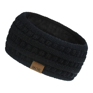 Detail view of black knit thermal headband with fleece lining and MOK leather patch