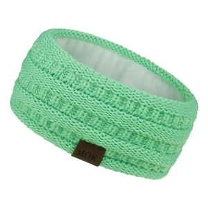Detail of light green knit headband with soft white fleece lining and MOK leather label