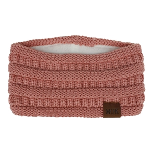 Detail of pink knitted headband with soft white fleece lining and MOK leather tag
