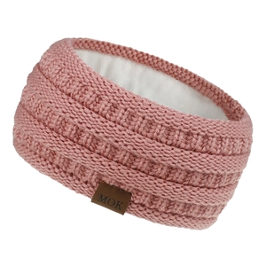 Pink knit winter headband with warm fleece lining and brown MOK leather label detail