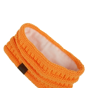 Close-up of orange knitted headband with soft white fleece lining and MOK leather label