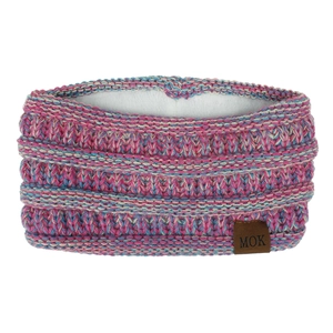 Detail of pink knitted headband with soft white fleece lining and MOK leather label