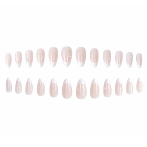 French white tip almond press-on nails with pearl accents on a nude pink base