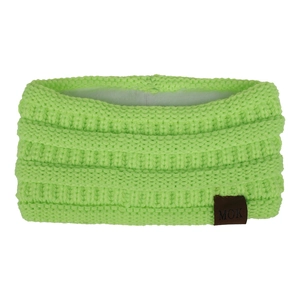 Detail of neon green knitted headband featuring a brown MOK label and rib texture