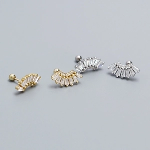 925 Sterling Silver Fan Shaped Earring Studs With Cubic Zirconia Geometric Piercing Screw Ball Back Jewelry For Women