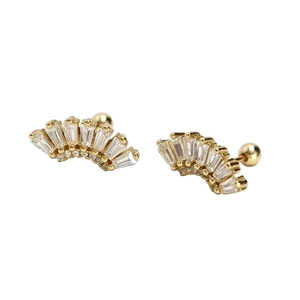 Elegant S925 silver fan-shaped stud earrings with gold plating and sparkling zircon stones