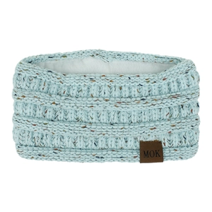 Detailed view of light blue knitted winter headband with warm fleece lining and leather logo