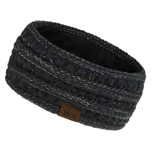 Detail of dark grey cable knit winter headband with embossed brown leather MOK label