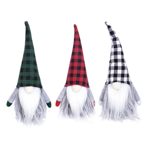 Three-piece Christmas gnome set with plaid hats and white beards on a white background
