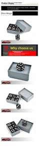 Macro shot of dice miracle magic trick set with black dice and grey plastic box tool