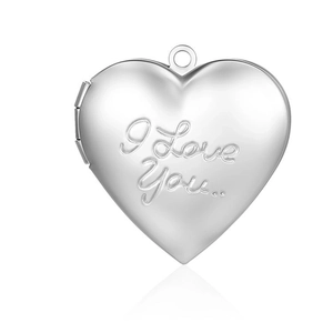 Detail of silver heart locket pendant with I Love You engraving in stainless steel