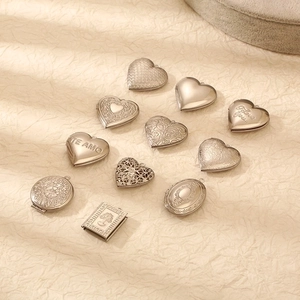 DIY stainless steel heart and round photo locket pendants in polished silver finish