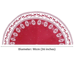 Detail of red knitted Christmas tree skirt featuring white reindeer and snowflake motifs