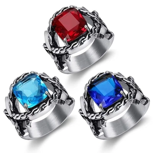 Vintage stainless steel men's rings with square red and blue gemstones and chain texture