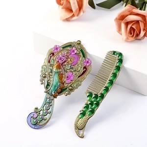 Vintage Handheld Mirror And Comb Zinc Alloy Peacock Enamel Embossed Portable Compact Makeup Vanity Mirror Women Gift