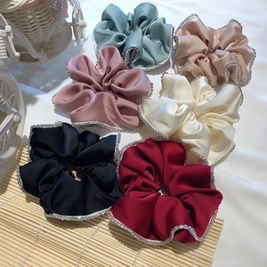 Satin silk hair scrunchies with rhinestone edges in six diverse elegant colors