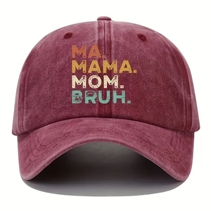 Classic washed cotton baseball cap in burgundy with vintage MA MAMA MOM BRUH print
