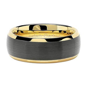 Two-tone tungsten carbide ring with black brushed finish and gold polished edges