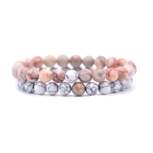 Close-up of 8mm beaded stretch bracelets featuring natural agate and white turquoise stones