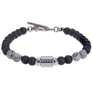 Detailed macro view of men obsidian and tiger eye stone bead bracelet with metal T-bar toggle clasp