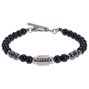Detailed view of 10mm obsidian and tiger eye stone bracelet with a silver T-bar toggle clasp