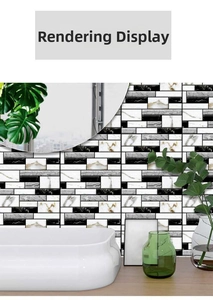 Modern marble pattern self-adhesive wall tile showing realistic bathroom application