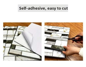 Detail showing self-adhesive PVC marble tile sticker being peeled and cut with scissors