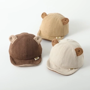 Autumn winter baby corduroy baseball cap with cute bear ears in brown, khaki and cream white