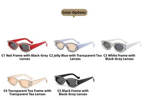 Détail de cinq paires de lunettes de soleil ovales à strass en rouge, bleu et noir