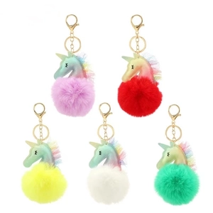 Dreamy Unicorn Plush Ball Keychain Glitter PU Leather Lace Bag Pendant Ornament With Gold Alloy Ring For Women Kids Gift