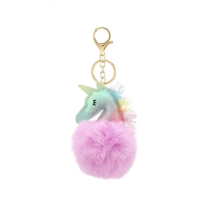 Rainbow unicorn plush keychain with glitter horn, pink faux fur ball and gold keyring