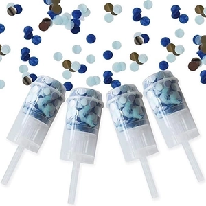 Push pop confetti canisters with blue and silver glitter circles for wedding celebrations