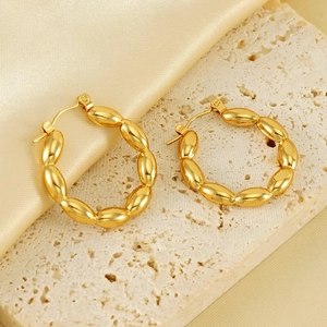 Minimalist 18K gold-plated geometric hoop earrings with textured oval bean segments