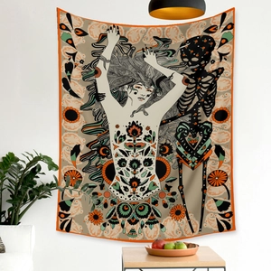 Bohemian tapestry featuring artistic woman and skeleton illustration with floral patterns