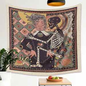 Detail of bohemian tapestry featuring surreal skull and woman art in minimalist room setting
