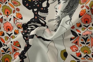 Detailed macro view of bohemian skull tapestry with vibrant floral folk art patterns