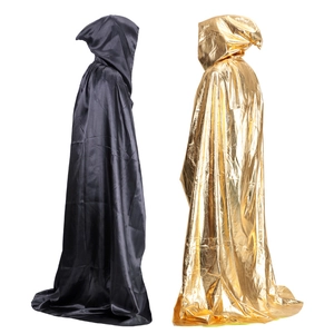 Hooded Halloween cloaks in shiny black and metallic gold for cosplay and parties