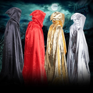 Hooded Halloween cloak for adults in black, red, gold, and silver satin colors