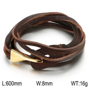 Brown braided leather multi-wrap bracelet with gold metal clasp and product dimensions